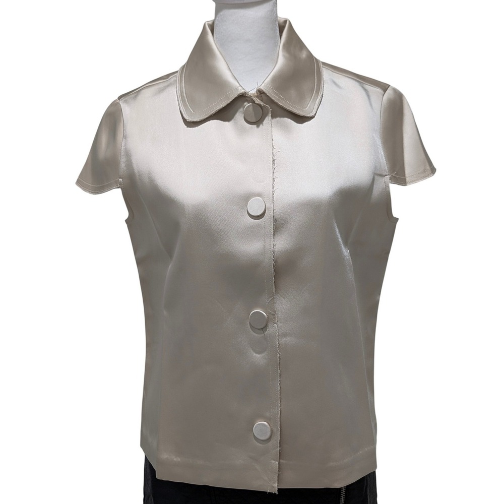 Jason Wu NWT Cream Satin Snap‎ Button Front Cap Sleeve Blouse Raw Edge Size S